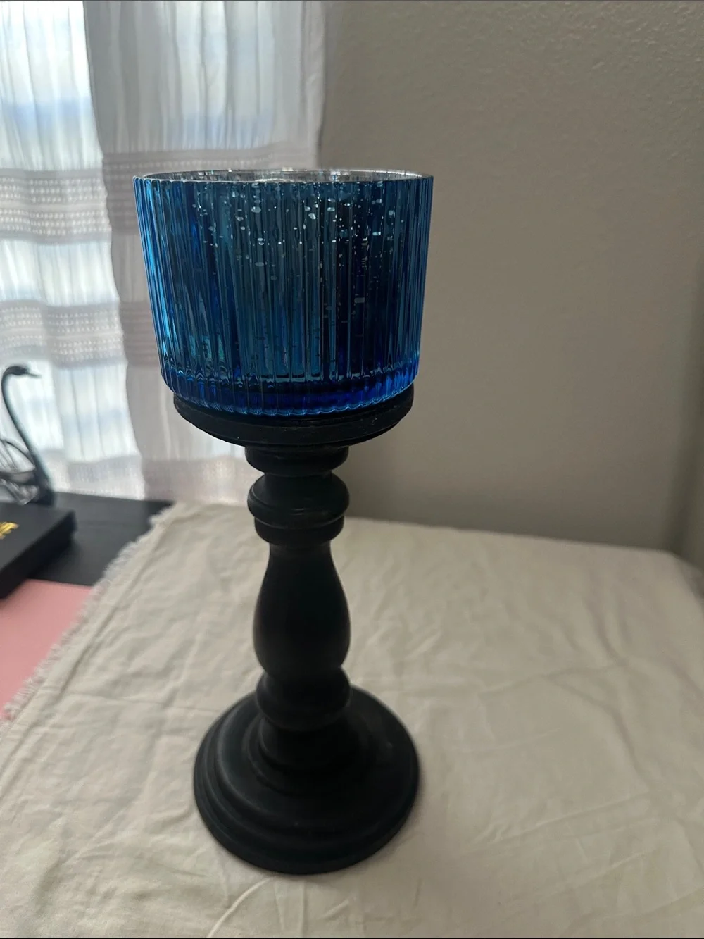Malibu Lagoon Blue MercuryGlass Candle Jar & Black Wood candle stick. NWT